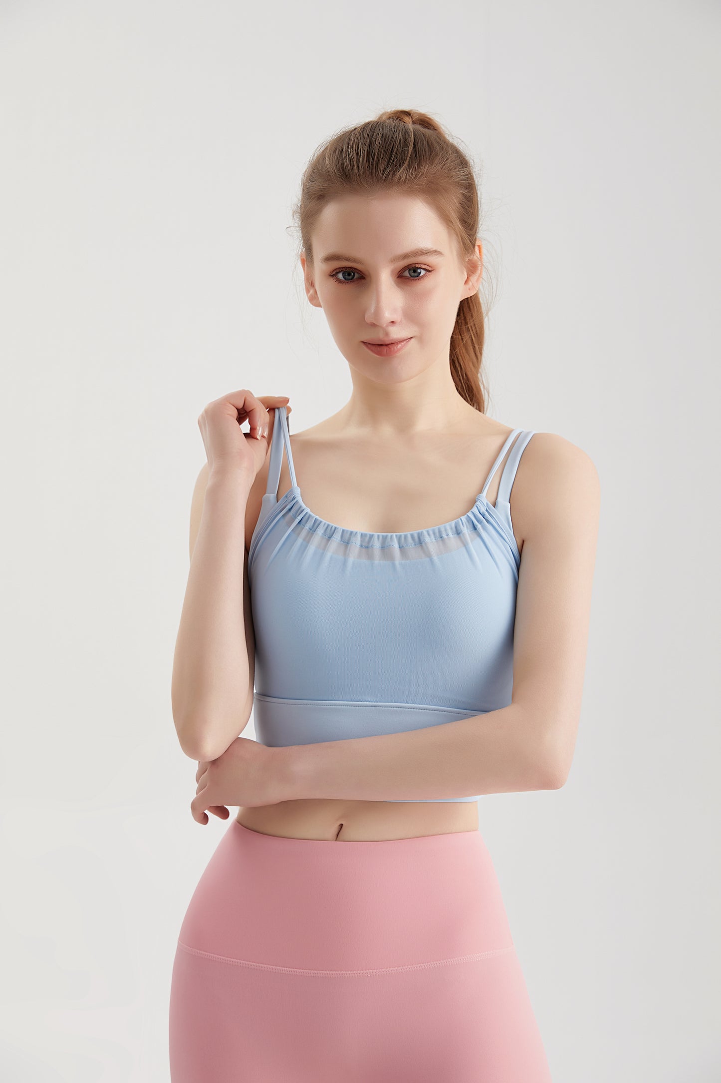 Women's Longline Strappy Sports Workout Yoga Bra, Wirefree Padded Mesh Sheer Design Camisole Crop Top BX027