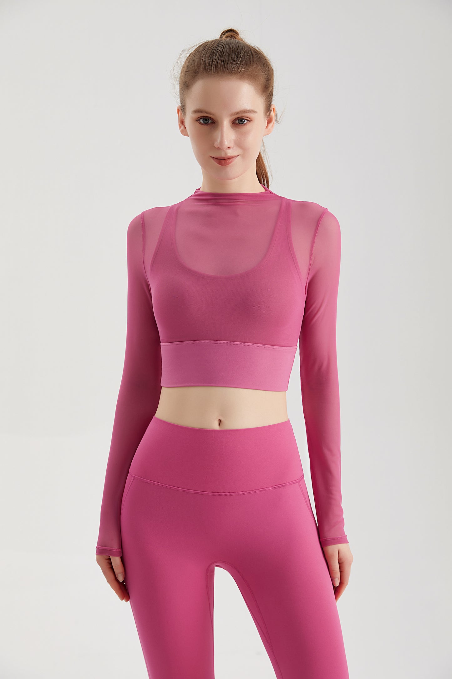 Sheer Mesh Sexy Crop Top Longsleeve Mock Neck Criss Cross Strappy Back Design Padded Camisole Workout Yoga Fitness CX101