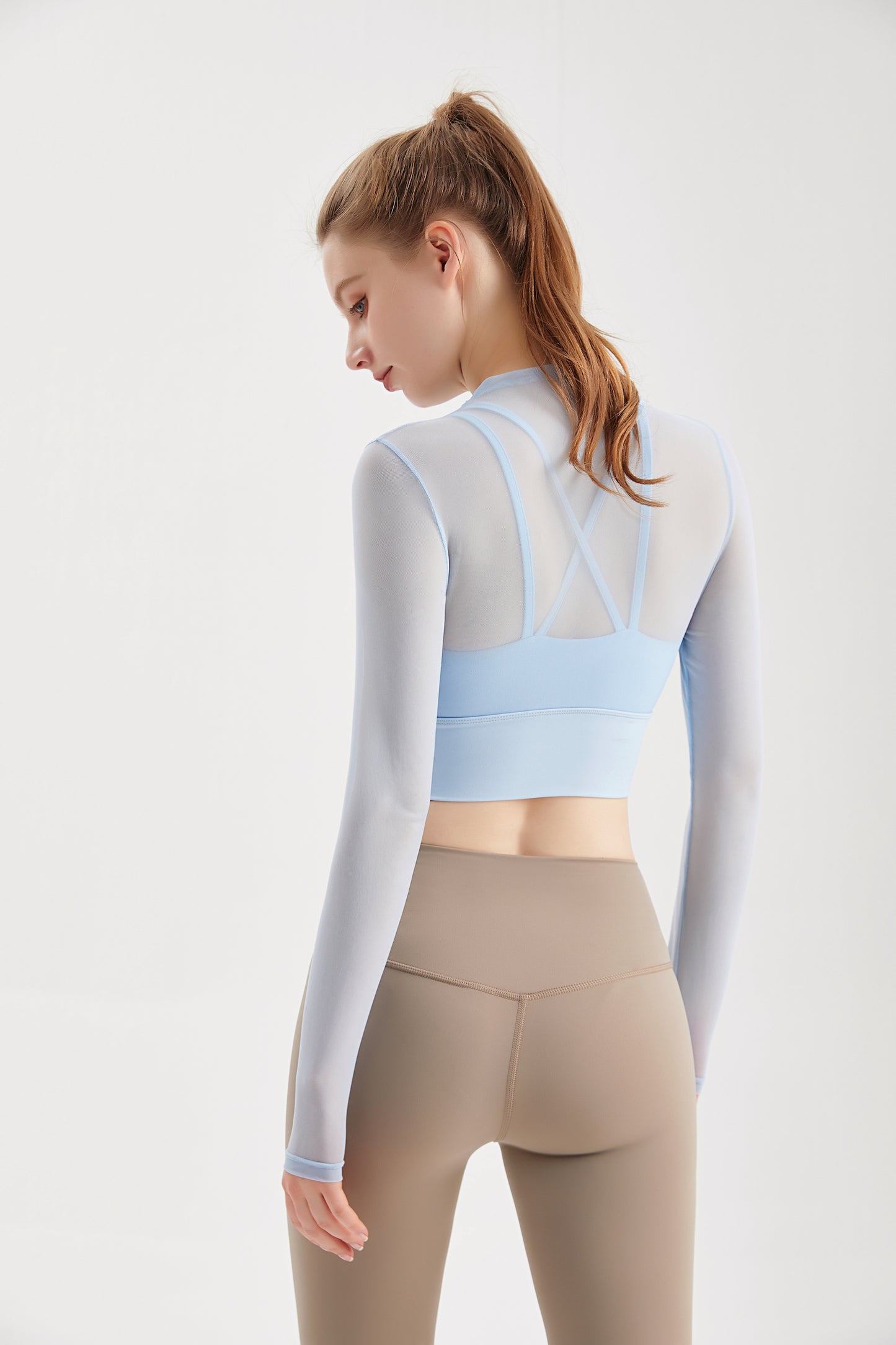 Sheer Mesh Sexy Crop Top Longsleeve Mock Neck Criss Cross Strappy Back Design Padded Camisole Workout Yoga Fitness CX101