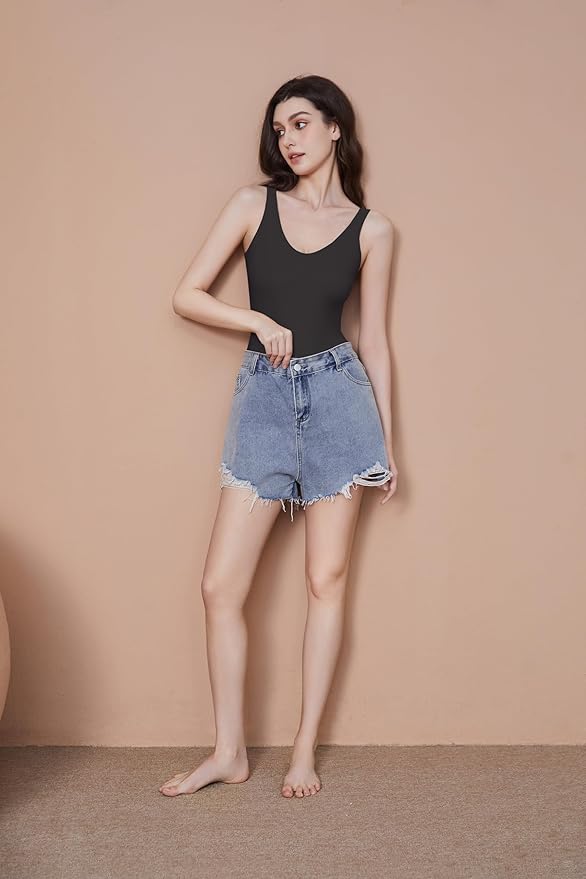 Sexy Plunge Neck Sleeveless Bodysuit Jumpsuit Leotard Tank Top Double Lined Shapewear 1997