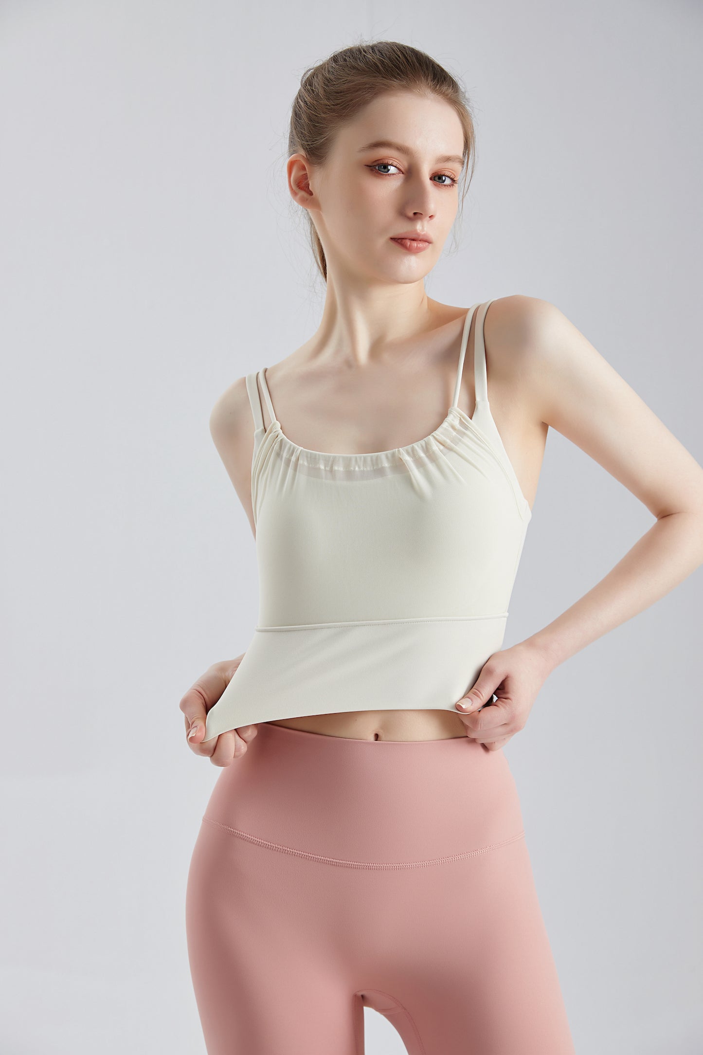 Women's Longline Strappy Sports Workout Yoga Bra, Wirefree Padded Mesh Sheer Design Camisole Crop Top BX027