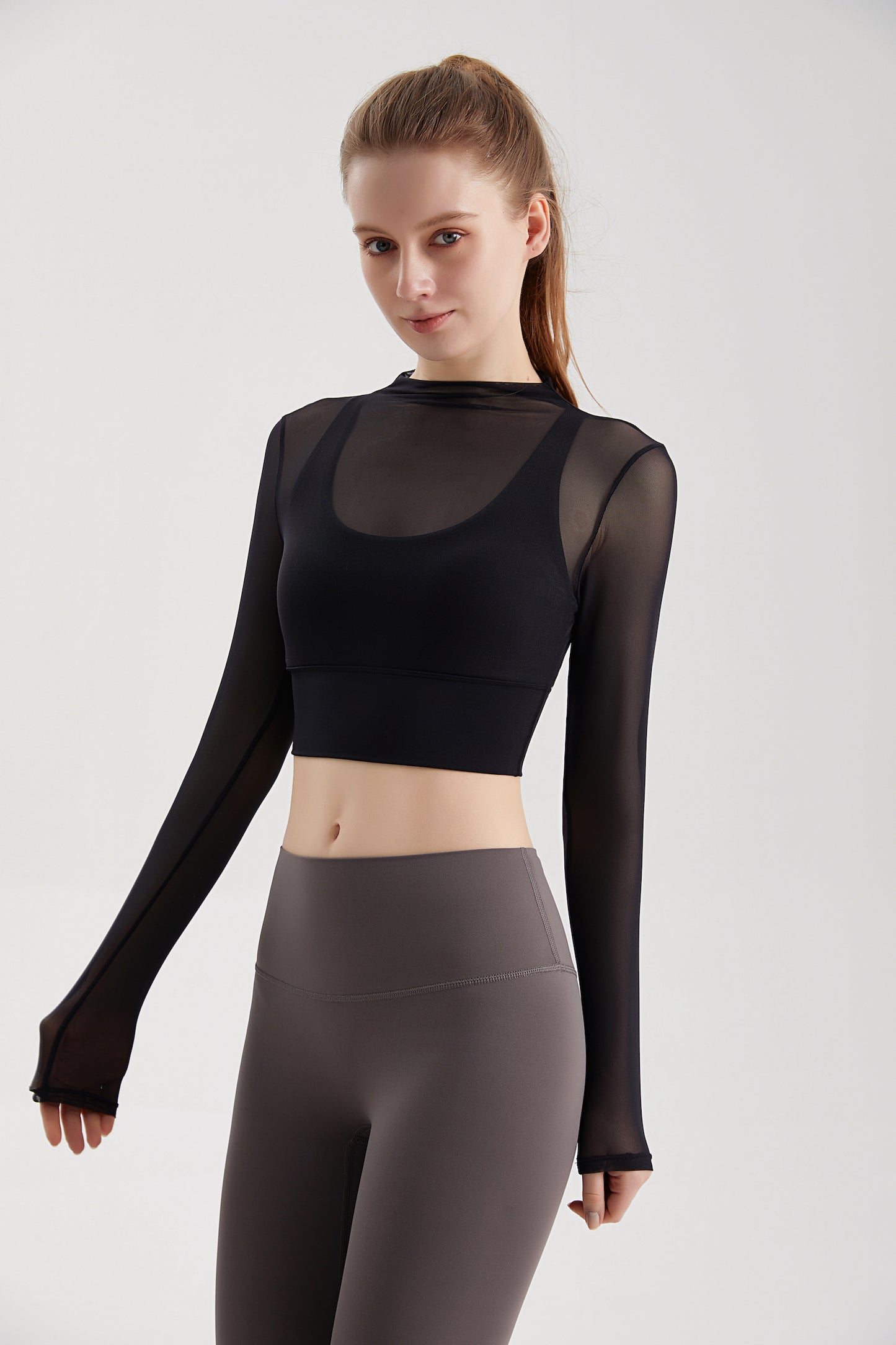 Sheer Mesh Sexy Crop Top Longsleeve Mock Neck Criss Cross Strappy Back Design Padded Camisole Workout Yoga Fitness CX101