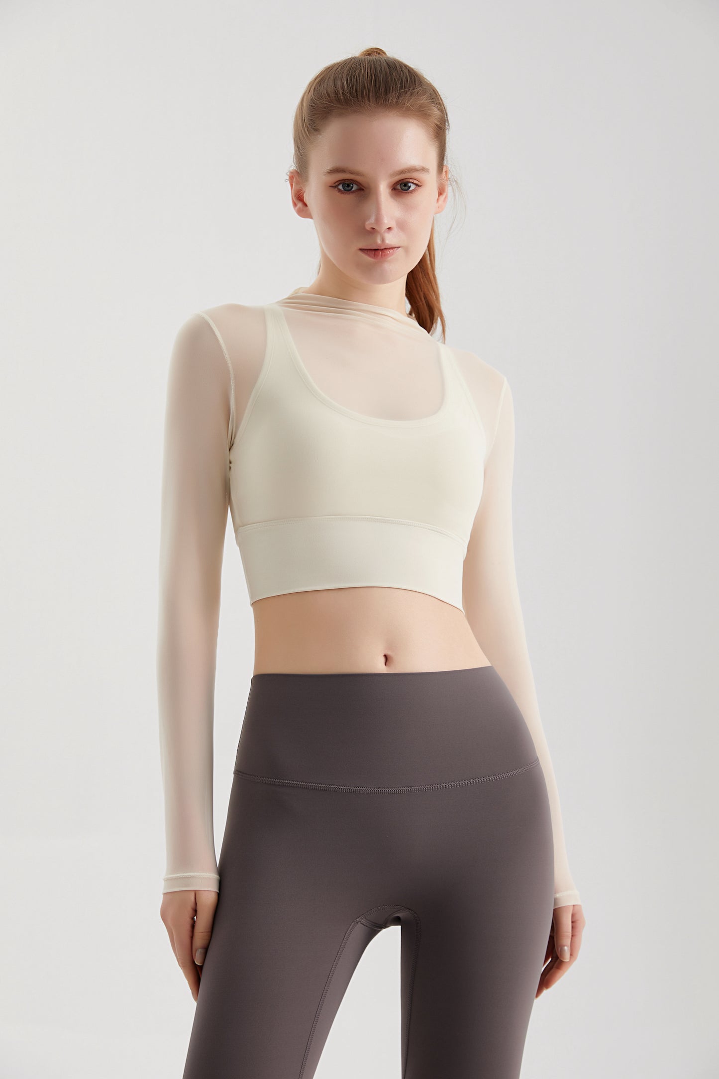 Sheer Mesh Sexy Crop Top Longsleeve Mock Neck Criss Cross Strappy Back Design Padded Camisole Workout Yoga Fitness CX101