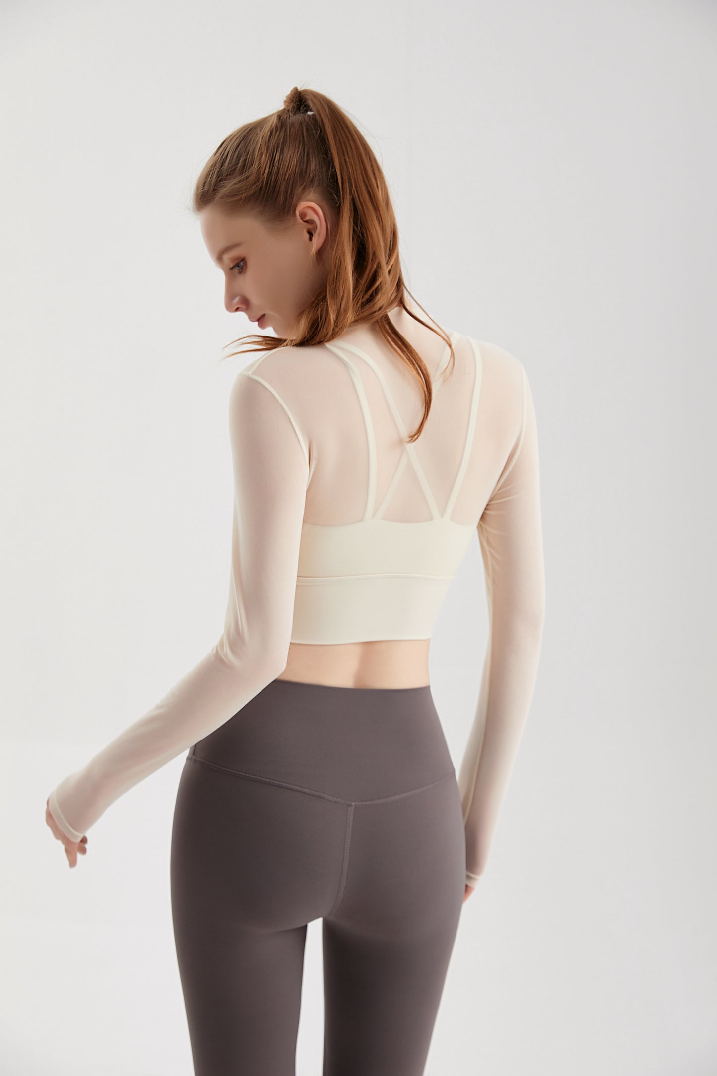 Sheer Mesh Sexy Crop Top Longsleeve Mock Neck Criss Cross Strappy Back Design Padded Camisole Workout Yoga Fitness CX101