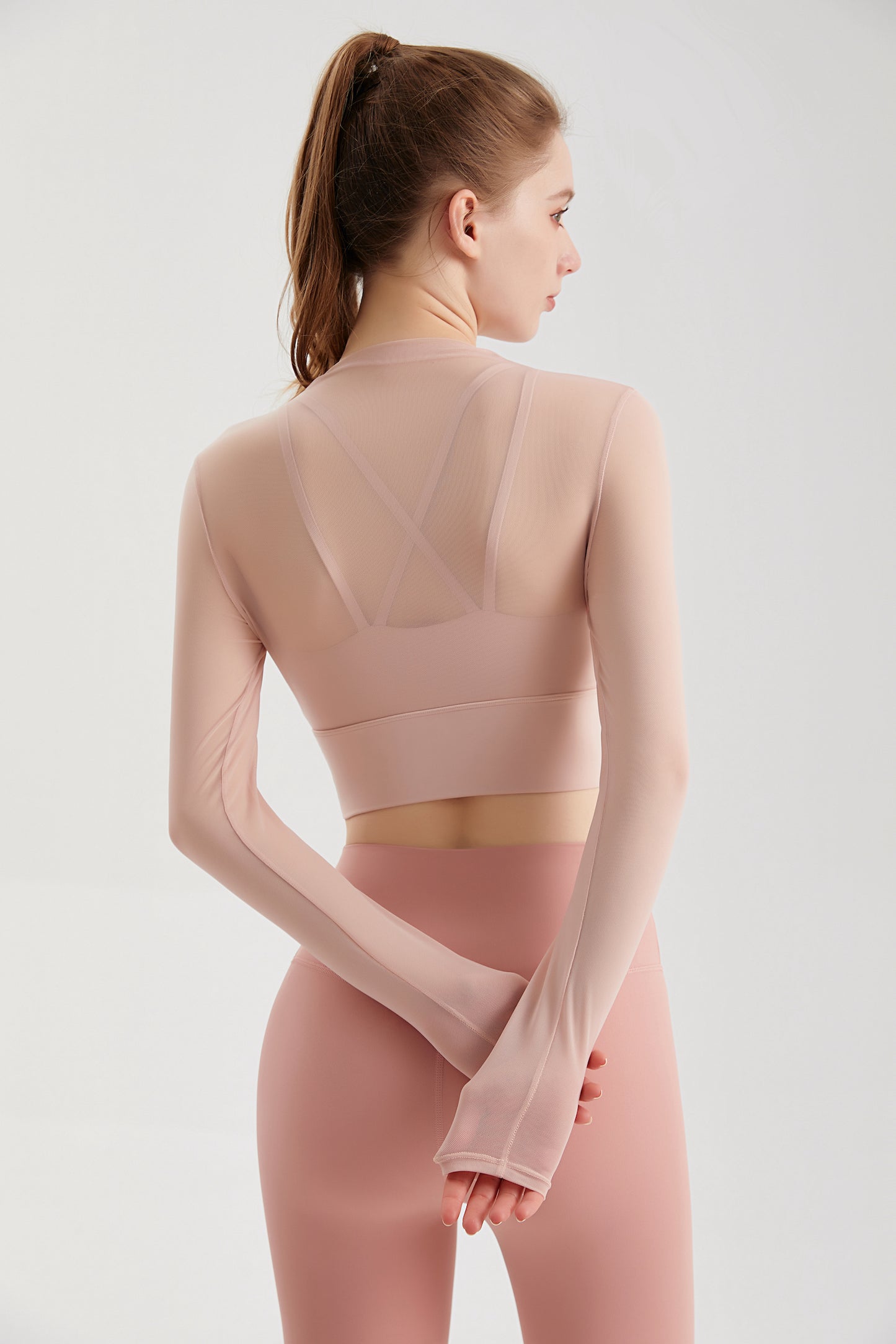 Sheer Mesh Sexy Crop Top Longsleeve Mock Neck Criss Cross Strappy Back Design Padded Camisole Workout Yoga Fitness CX101
