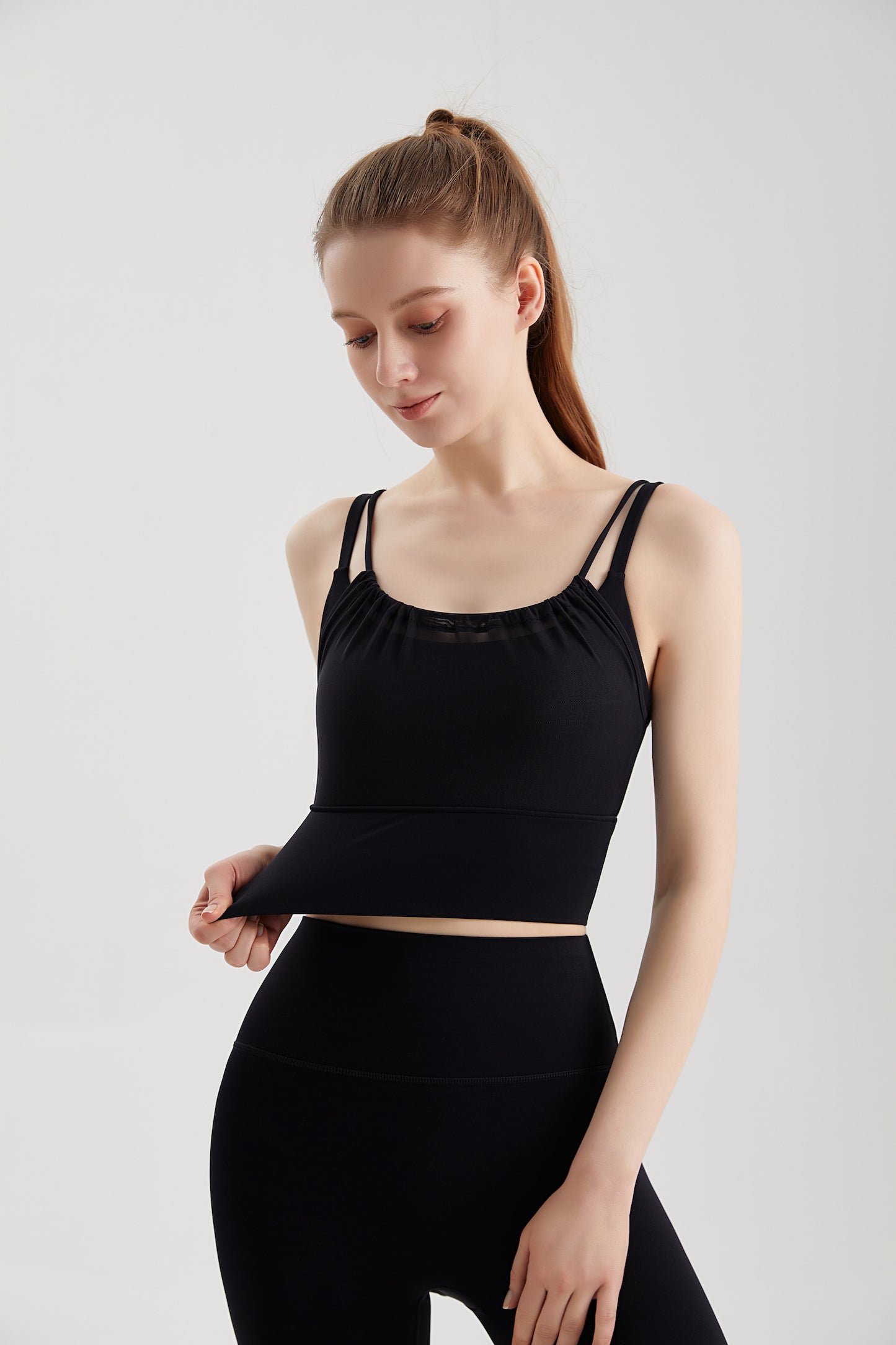 Women's Longline Strappy Sports Workout Yoga Bra, Wirefree Padded Mesh Sheer Design Camisole Crop Top BX027