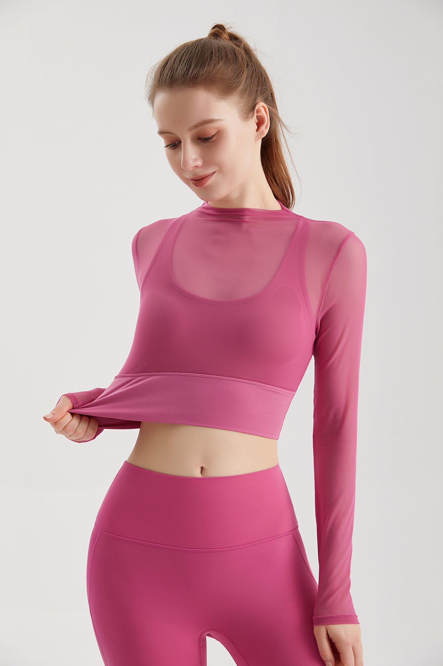 Sheer Mesh Sexy Crop Top Longsleeve Mock Neck Criss Cross Strappy Back Design Padded Camisole Workout Yoga Fitness CX101