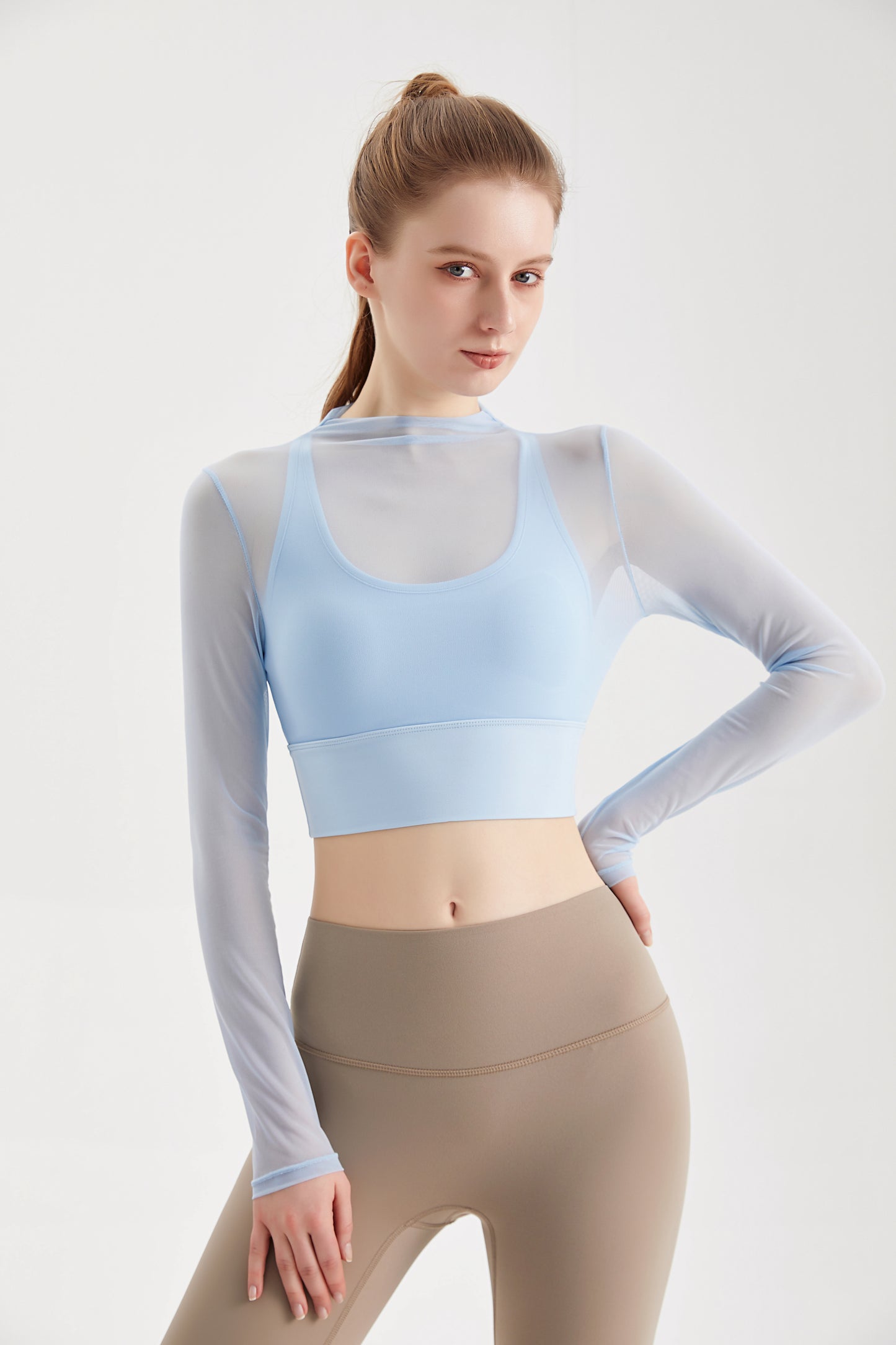 Sheer Mesh Sexy Crop Top Longsleeve Mock Neck Criss Cross Strappy Back Design Padded Camisole Workout Yoga Fitness CX101
