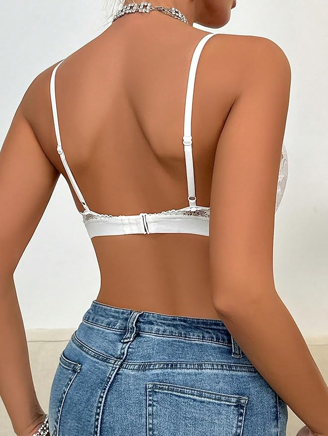Floral Lace Deep V Sexy Simple Wirefree Removable Pads Adjustable Thin Straps Bralette 910
