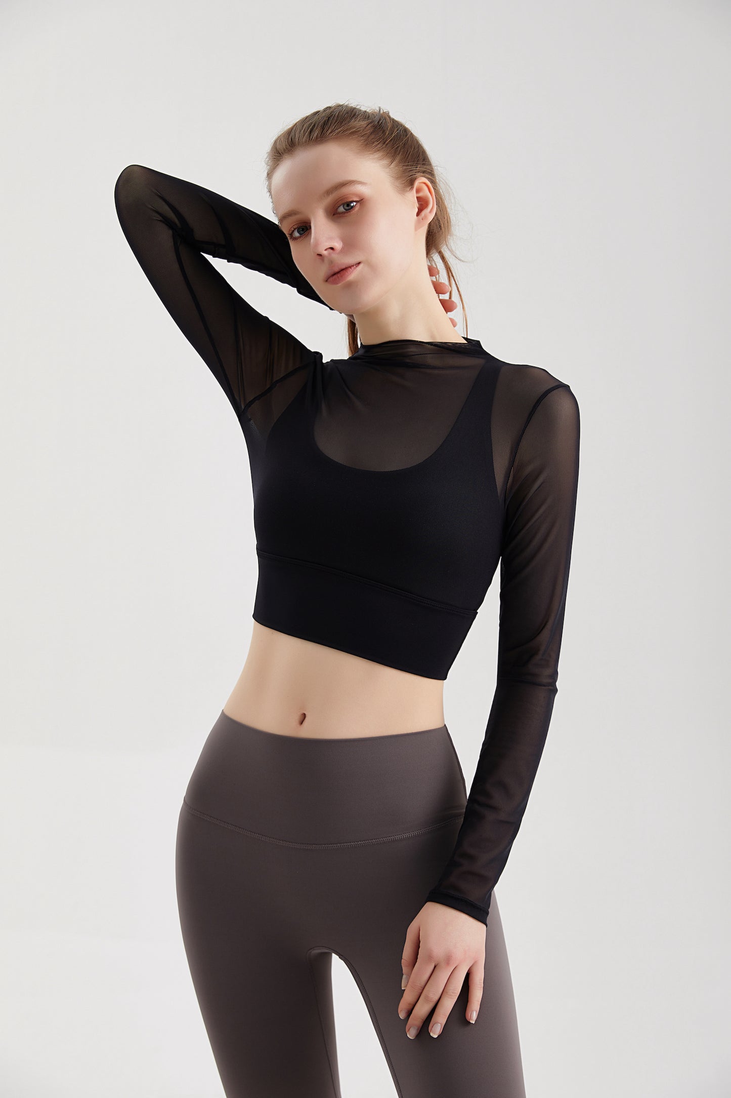 Sheer Mesh Sexy Crop Top Longsleeve Mock Neck Criss Cross Strappy Back Design Padded Camisole Workout Yoga Fitness CX101
